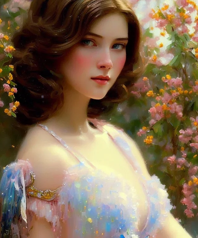 realist impressionist portrait of "The Curious Female" by Ross Tran rework. Masterpiece, best quality, painted impressionist brush strokes. paint drips and drabs and splatters by and by art nouveau and richard schmid . Paint spatters, drips, drabs, dynamic, artstation, artgerm