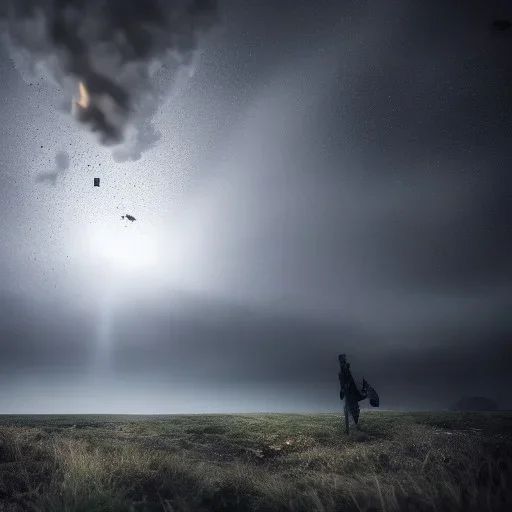 Heavy rain. Epic Lighting in the sky. Knight with magic scroll in hand. Falling meteorite from the sky. Meteorite burning in the distance. Dark mud.