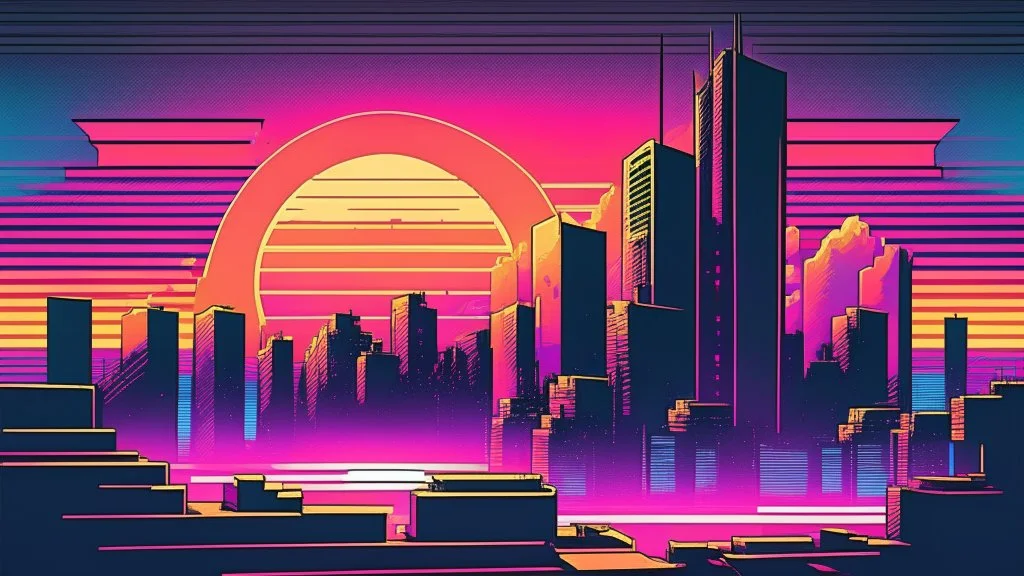 synth-wave, synth-wave one sun, synth-wave city, simple,iconic:1.8), comic style