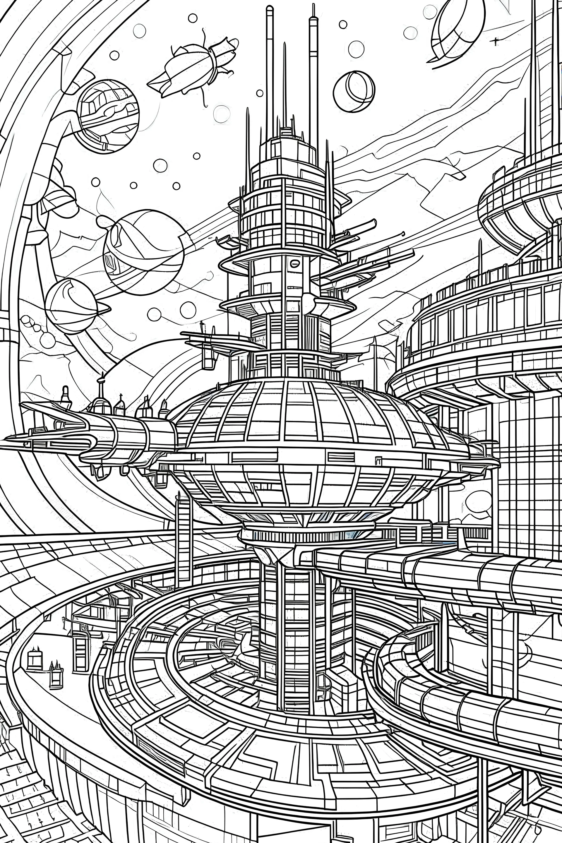 coloriages mystères :Une station spatiale futuriste orbite au-dessus d'une planète lointaine, avec des vaisseaux spatiaux modernes naviguant entre les structures.