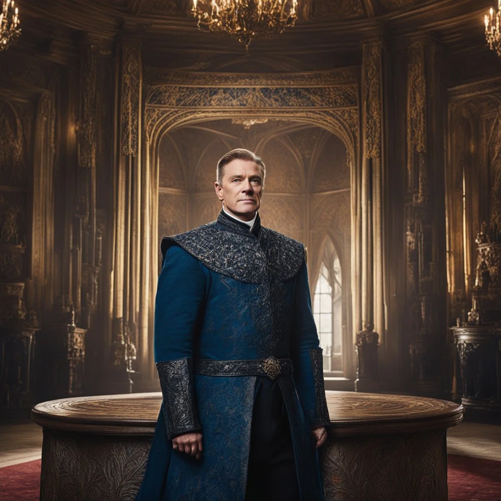 [game of thrones] In the grand throne room of Castle Evermoor, the seat of power for the Thornwood family, Baron Cedric Thornwood commands his presence with an air of dignity and authority. Tall and regal, he possesses a commanding presence that demands respect. Baron Cedric's greying hair is neatly combed, and his piercing blue eyes reflect both intelligence and a sense of responsibility. Clad in fine garments befitting his noble status, he exudes an aura of leadership.