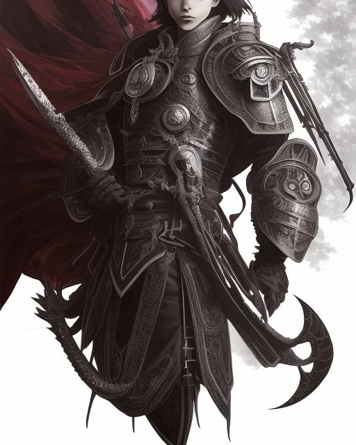 Detailed anime boy, dark brown hair, black and red dragon scale armour, intricate details, full body portrait, keep head in frame, slight smile, black Japanese motif, concept art, highly detailed, digital painting, concept art, sharp focus, illustration, art by Yoji Shinkawa, WLOP and greg rutkowski and alphonse mucha and artgerm and yanjun Chen and Junji ito and Makoto Shinkai, HDR, octane render