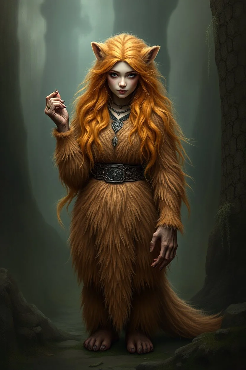 feral ginger elf beaver woman with long fur all over her entire body