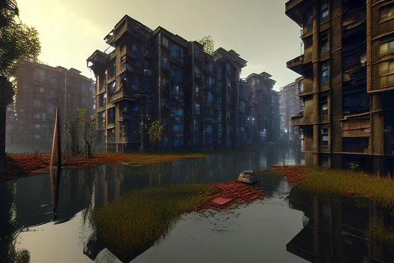 slums, apartmentbuilding , swamps , projects, unity, scriptable render pipeline , red tone, volumetric lighting.