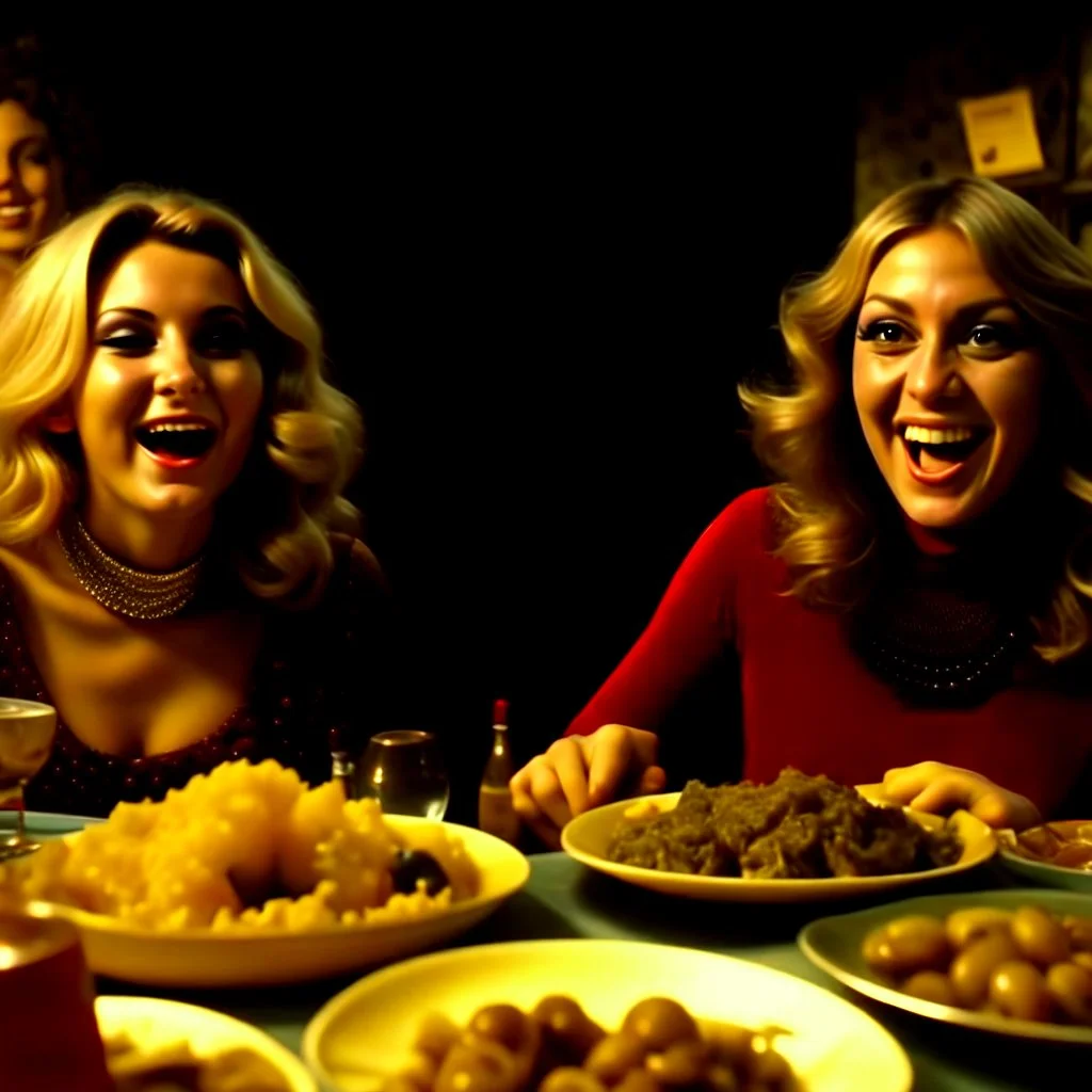 Comedy movie shot, happy, hot, ultra realistic, dine, horns, ultra realistic hot blonde women, party, pieces of meat, organs, ail, dynamic, very excited people, hypermaximalist figures, light, 1970's Italian comedy movie, lively, ornate, 4k, photorealism