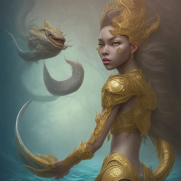 sango fantasy, fantasy magic, intricate, sharp focus, illustration, highly detailed, digital painting, concept art, matte, artgerm and paul lewin and kehinde wiley, masterpiece sexy lips Asian afro lips black African lady body mermaid blue Dragon head golden space lady sea under water mermaid pretty