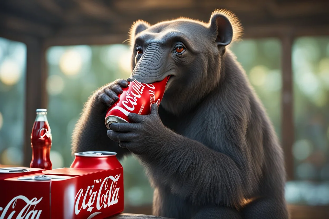 Strange, beautiful creature drinking a Coca Cola, Cinematic lighting, Volumetric lighting, Epic composition, Photorealism, Bokeh blur, Very high detail, Sony Alpha α7, ISO1900, Character design, Unreal Engine, Octane render, HDR, Subsurface scattering