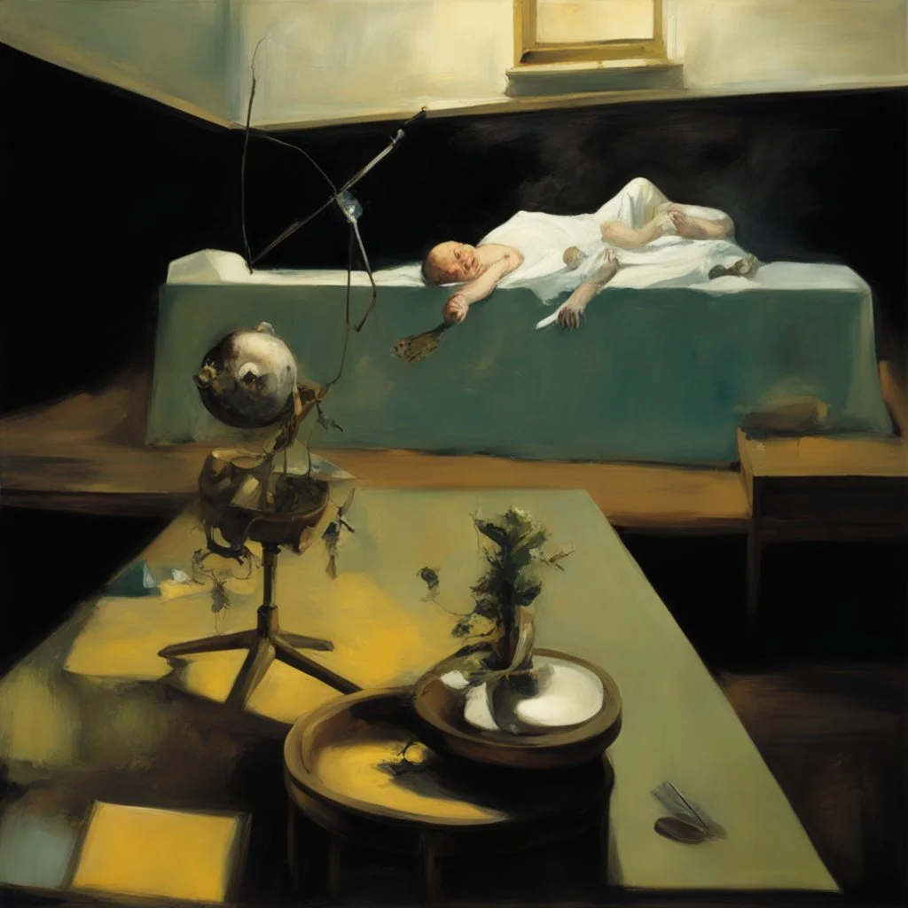 human body, universe-like light,complex surgical instruments mixed with a newborn boy,minimalism,Painting By Adrian Ghenie, Rene Magritte, Salvador Dali, Lucian Freud