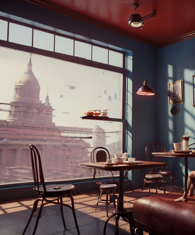 Realistic scene, American shot view, 0 gravity, levitating man and woman sitting in cafeteria and having breakfast, Wes Anderson, fly, floating, soft color, highly detailed, unreal engine 5, ray tracing, RTX, lumen lighting, ultra detail, volumetric lighting, 3d, finely drawn, high definition, high resolution.