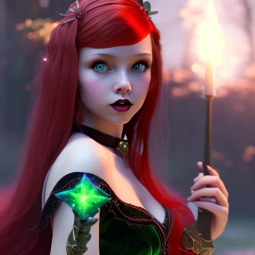 Gorgeous teenage girl with red hair who is dressed like a witch casting a spell, green eyes, background is realistic space, goth girl dress, full body portrait, arm colors gradient effect into stars, rendered, unity 3d, unreal engine, dslr, hdr, 4k, edited, photorealistic, normal number of appendages, freckles, artists rendering