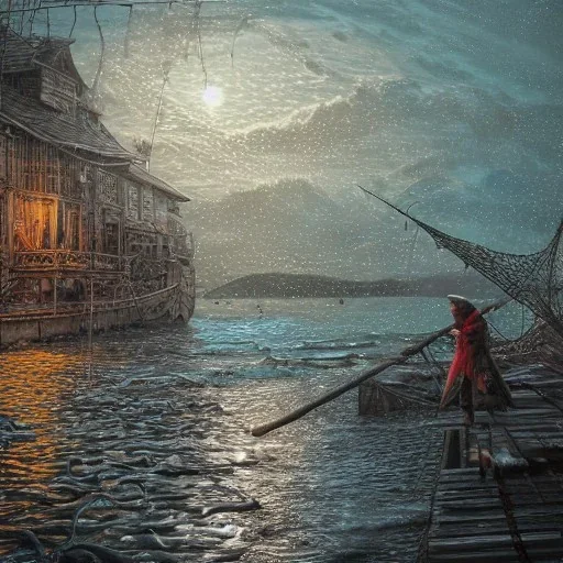 Insanely detailed photograph of an “arctexture plans fisherman on a dock” with intricate detailed of fishing knots, intricate embroidered clothing, hyperdetailed painting by Ismail Inceoglu Huang Guangjian and Dan Witz CGSociety ZBrush Central fantasy art album cover art,8K, hdr, romantic, mysterious, ominous, flowers, jewelry, steam,oil,cafe,street vendor,steamship,D&D