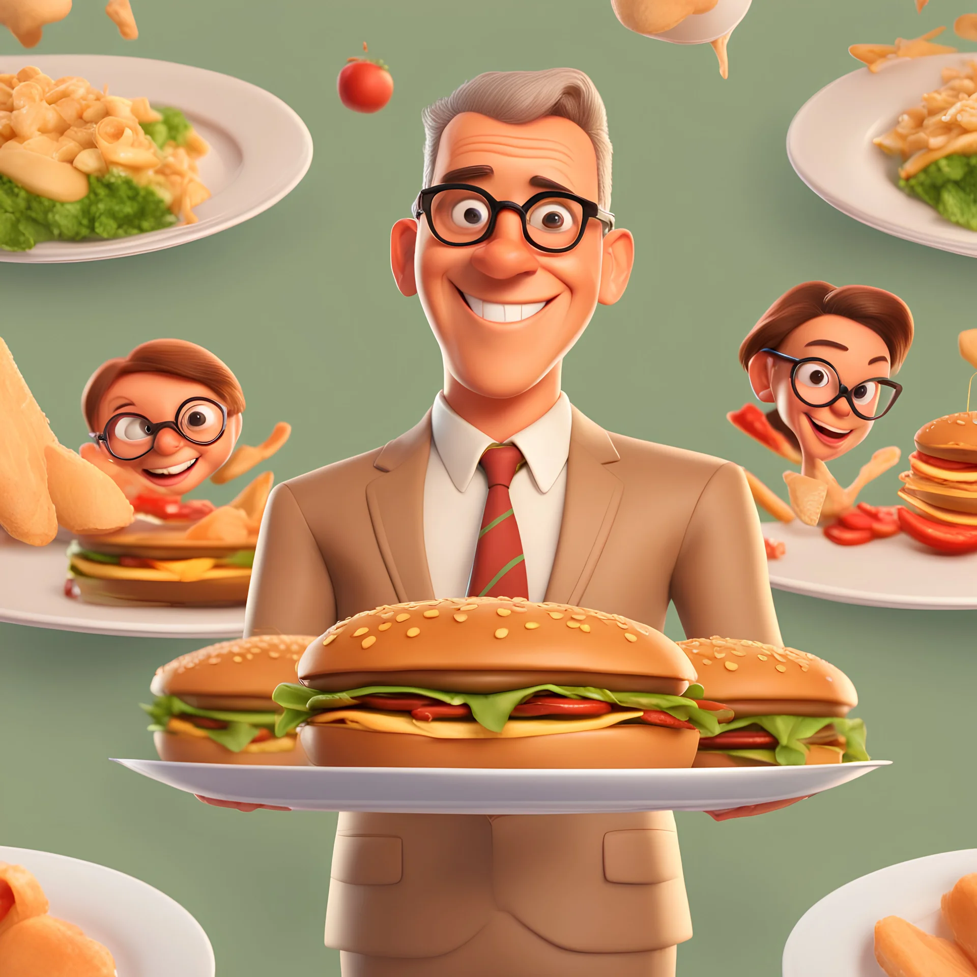 Disney pixar 3D style tan skin middle aged man with crew cut hair wearing thin round glasses and suit in food background smiling