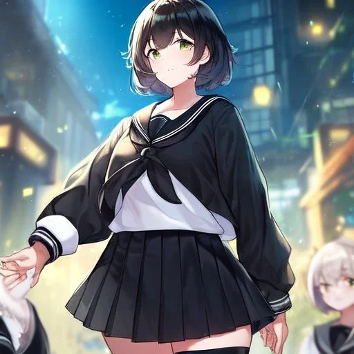 Clear focus, High resolution, fluffy black short hair, dark green eyes, wearing a black sailor uniform and pleated black skirt, fluffy hair, detailed outfit