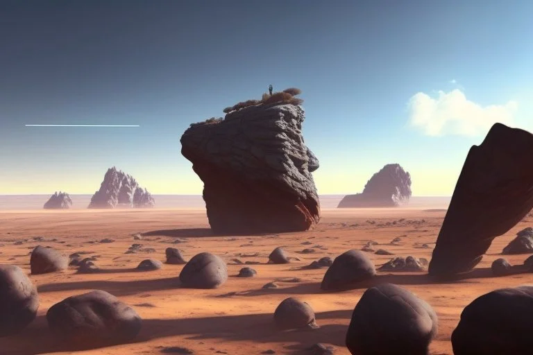 person, exoplanet in the horizon, big stones, cliff, science fiction, epic scene.