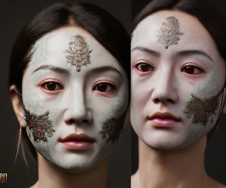 Realistic image. face japanese porcelain mask. 4k resolution, intricate details, ornate details, soft lighting.