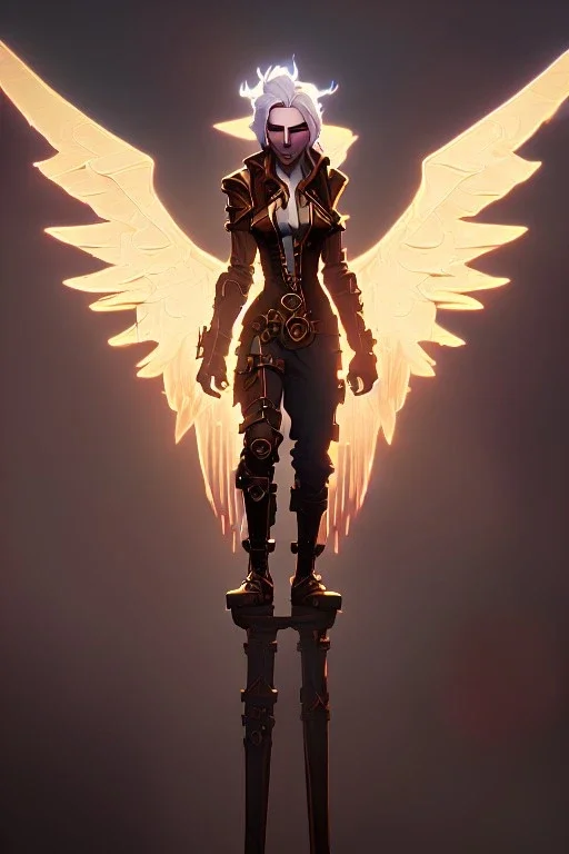 steampunk angel, pale, clouds, golden glow, majestic, heroic