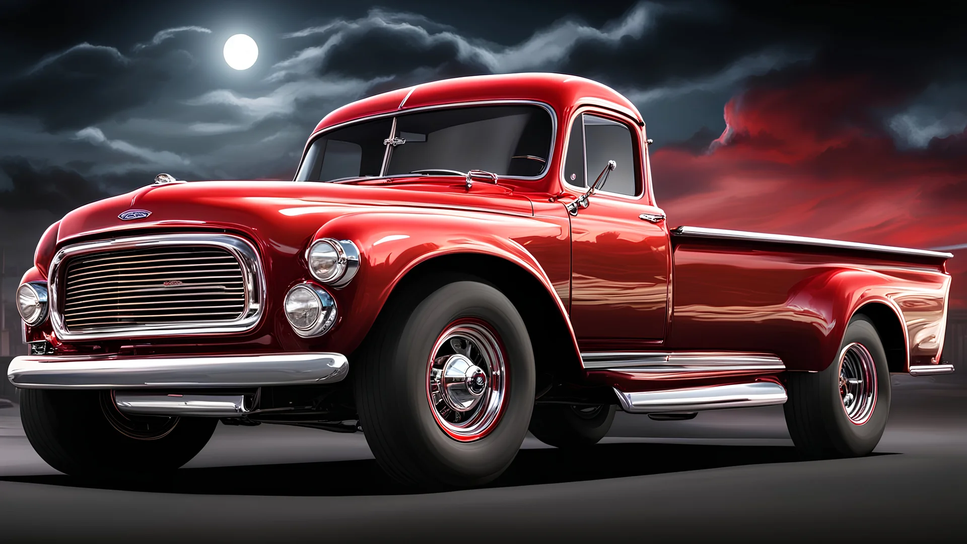 ford 56 truck, classical, red candy paint, shining, on street, tooned style, big engine, big wheels, racing mode, darknight background. 3/4 view, high resolution picture.