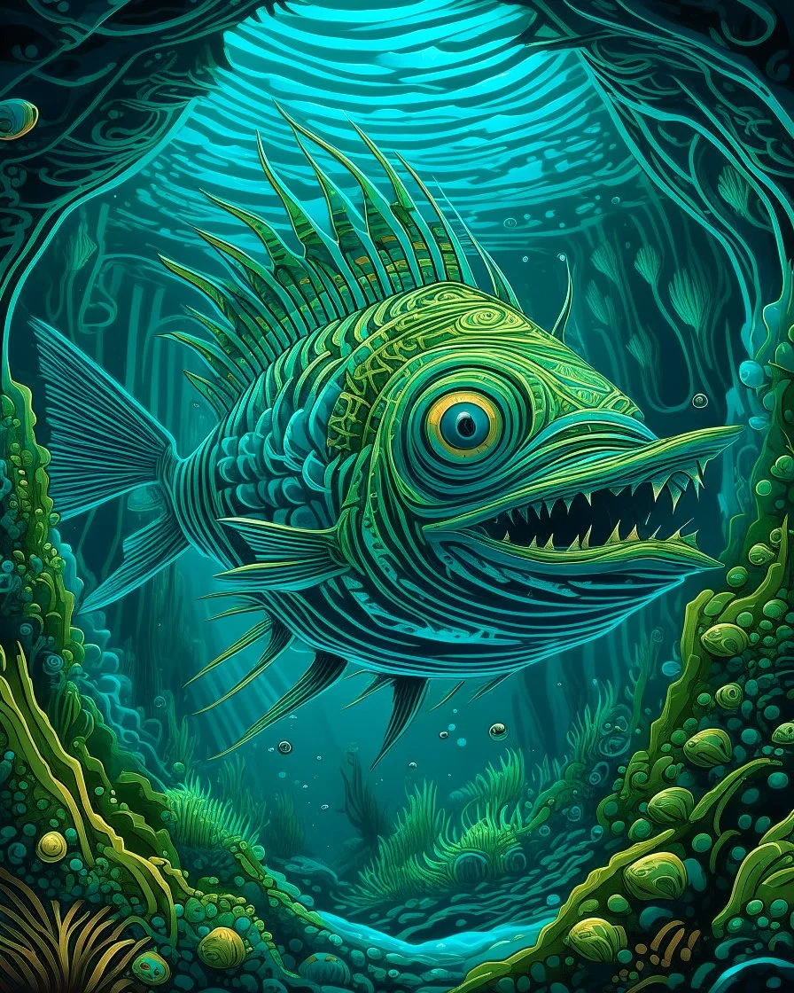 A greenish blue underwater abyss with angler fish designed in Navajo woven art