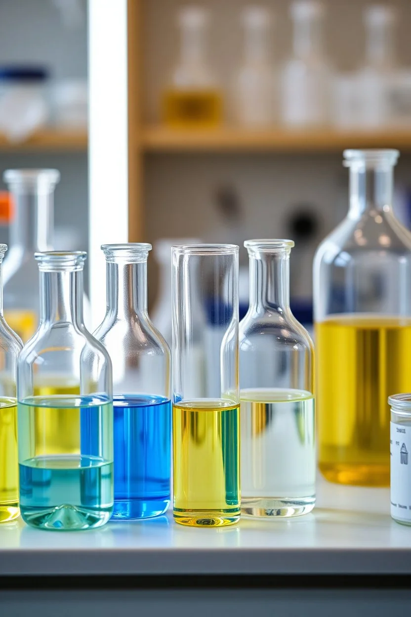 Body part at the laboratory in glass containers with oil liquids in the containers
