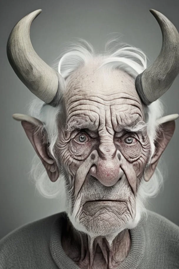 old man with large gray eyes and 2 horns on white hourse