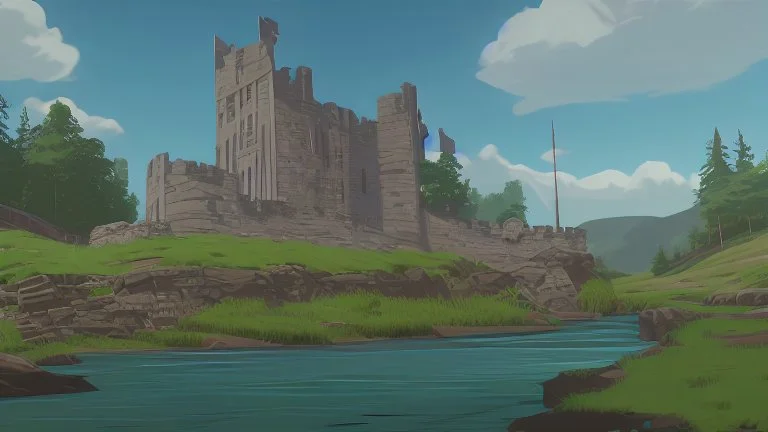 Old stone castle on the edge of the river by the grassy plain