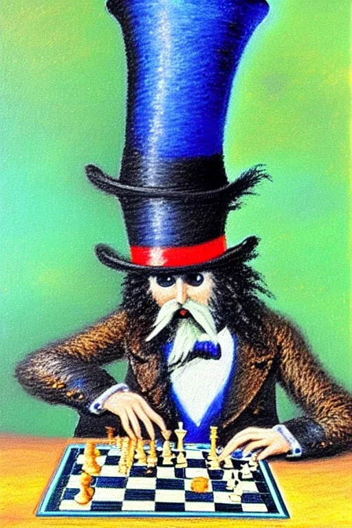 large hairy blue spider wearing a top hat and playing chess, neo-impressionism, trending on artstation, jungle, pastel colors,