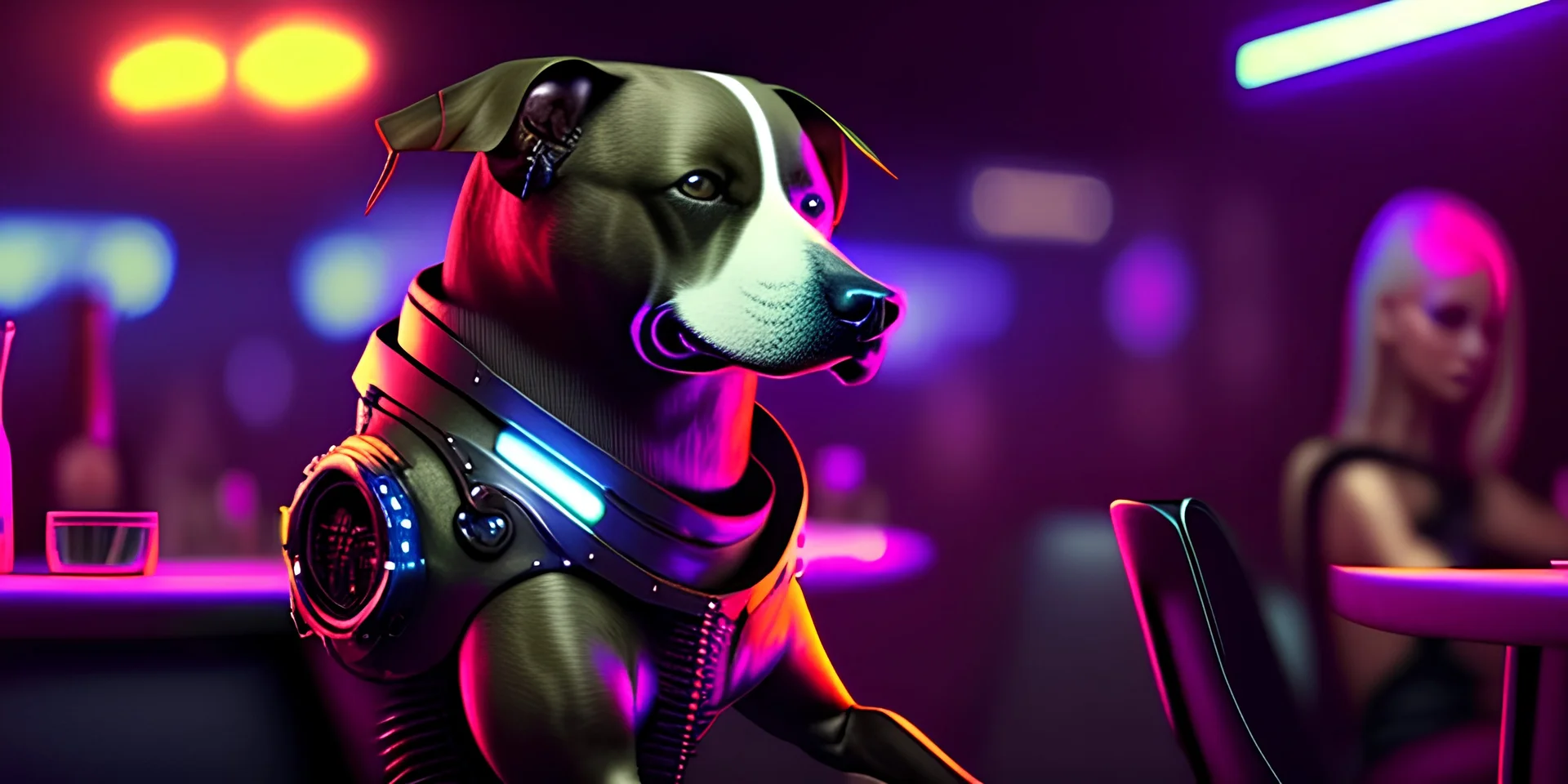 a friendly happy cyborg dog hybrid bounty hunter sitting in a nightclub. stylish & ultra detailed . hi-tech . natural tones