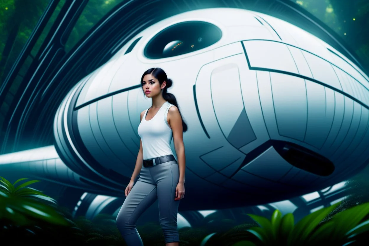 photorealistic slim woman with dark hair and white boots in a heroic pose in front of a fat wide spaceship in the jungle