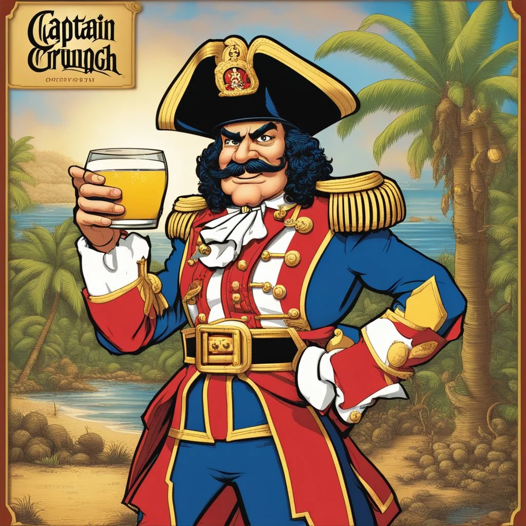 Captain Crunch standing in a Captain Morgan pose, on a rum label