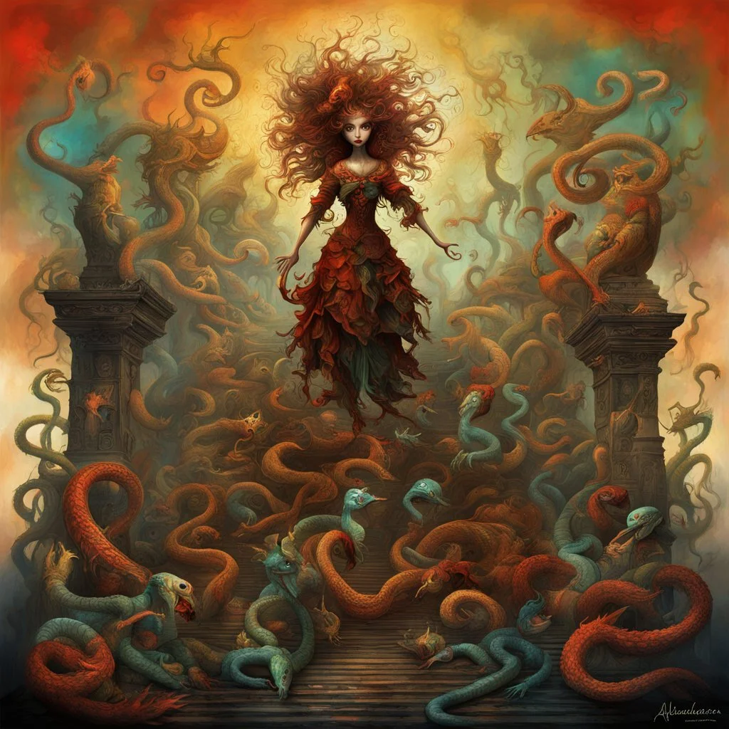 One last dance, on the steps of Hell, All lost children know her well, She's kissed the serpent thrice times twice, expansive hellscape art, by Alexander Jansson, digital mixed media art, colorful, cel shading, volumetric lighting.