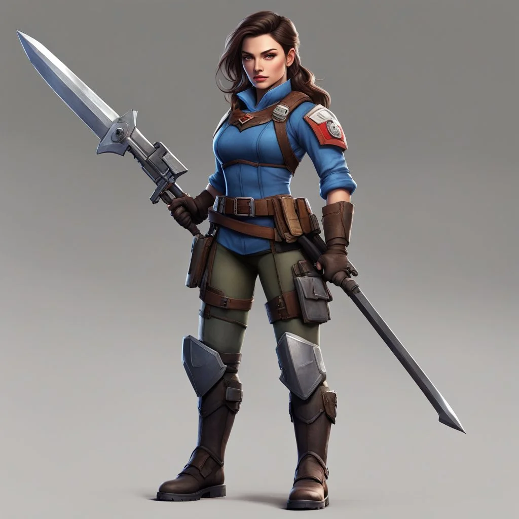Stella, a resilient rebel with no inhibitions, embraces her strength and determination. Her brunette hair frames a face that exudes defiance. In her unique attire, military meets peasant, showcasing her adaptability. With a small axe, she wields practicality and symbolism, carving her own path. A futuristic heavy pistol shows her mastery of technology. Stella's presence commands attention.