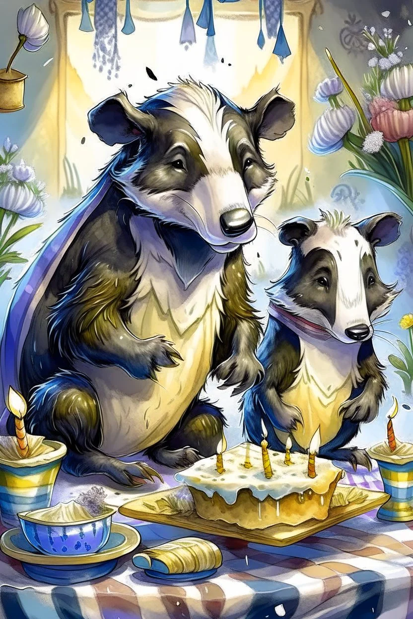 (fairy tale badger adult and little badger junior, animal by Monge)) an insanely beautiful smiling badger, extremely fine detailed fluffy fur, shining smiling eyes very well shabby chick dressed is baking a birthday cake with many light candles together with the smiling little badger, fine detailed fluffy fur, shining eyes shabby chick dressed in his kitchen with many pots: Background kitchen as in a cave, anatomically correct, flawless, full body shot, complete figure, by Monge, by Potter, by D