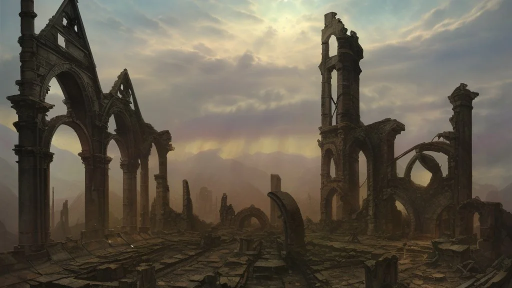 Destroyed City, medieval ruins, debris, stone, breched, brocken, Perspektiv from the sky, by Jean-Baptiste Monge, Ivan Bilibin, Albert Bierstadt, Reza Badrossama, watercolor ink, pencil sketch, splash art, intricate details, fantasy, beautiful, oil on canvas, award winning, imperial colours, fantastic view, radient colours, very attractive, crisp quality