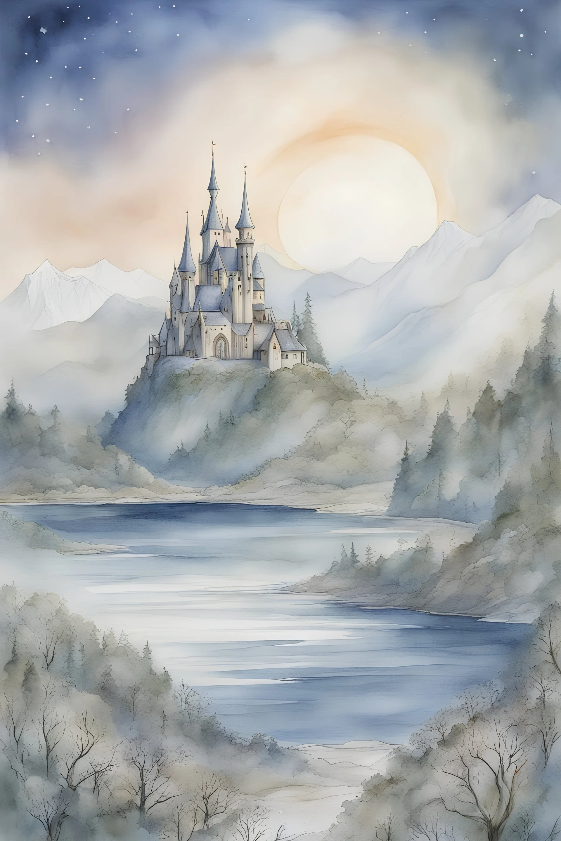 dream world, calm beauty, fantasy world, magic, beautiful composition, exquisite detail, tolkein ring wraith, sketch drawing, lineart, watercolour