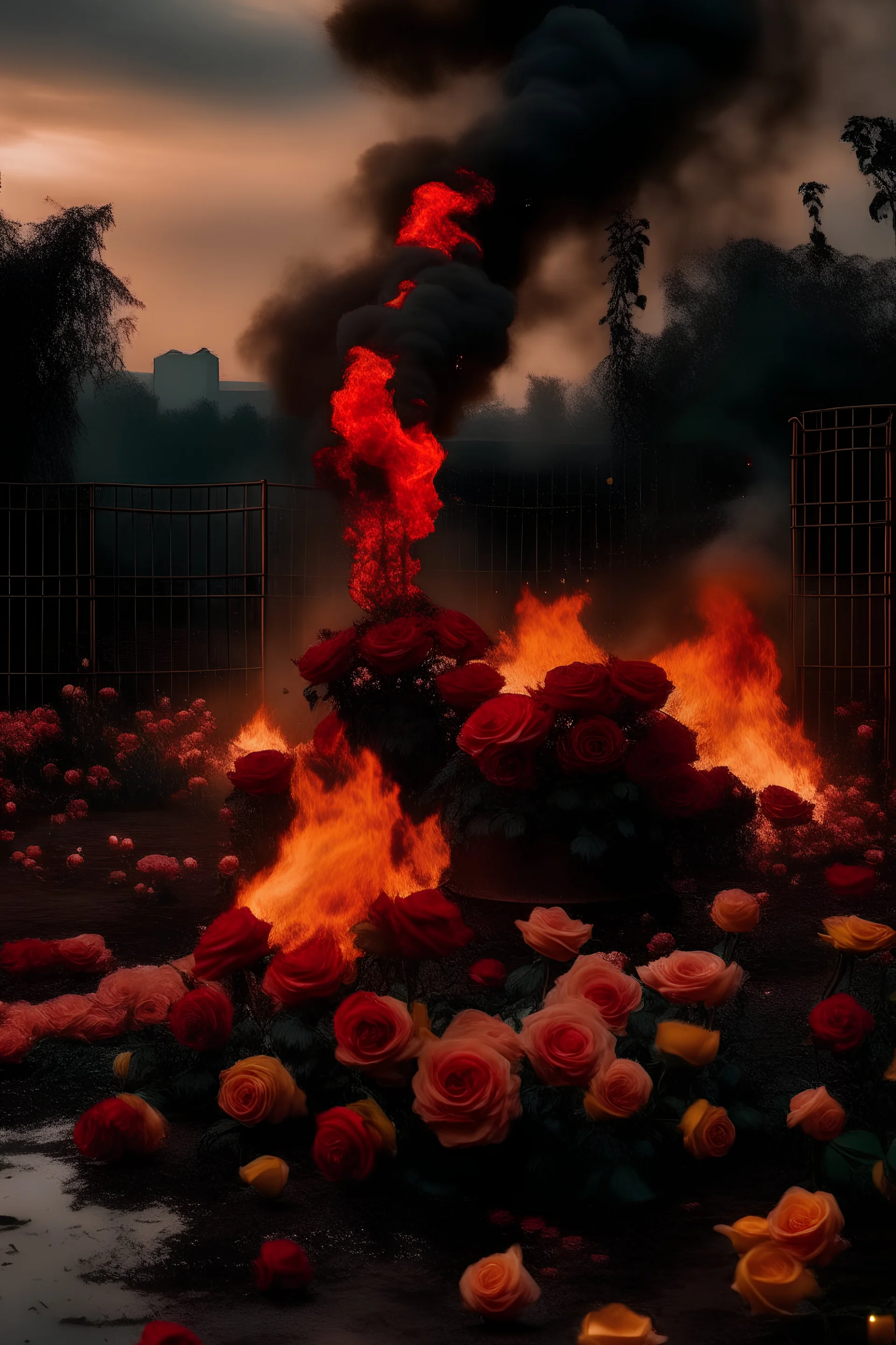 Roses on fire in a dystopian park