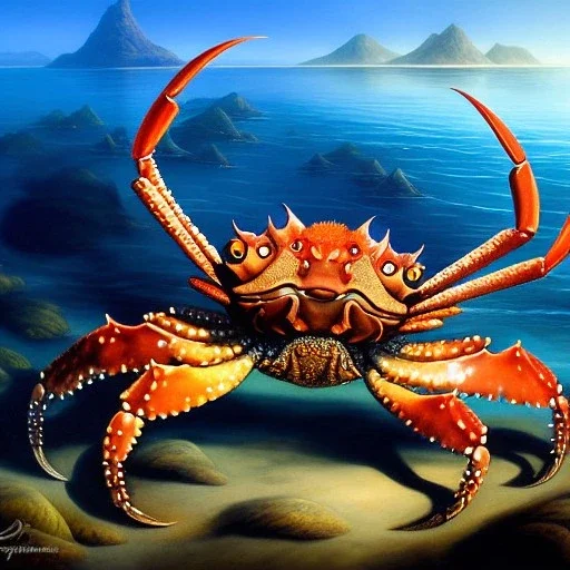 ultra detailed fullbody Drawing of Sea monster Giant Crab on the shore , extremely detailed digital painting, intrincate, extremely detailed face,crystal clear Big eyes, in the style of Frank Frazetta, mystical colors , perfectly centered image, perfect composition, rim light, beautiful lighting, 8k, stunning scene, raytracing