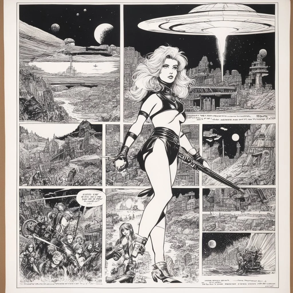 full page plain image [Barbarella Ninja] Original and final cover art and five interior illustrations by underground comix artist, Brion Gysin, from the German edition of Charles Bukowski’s book, Women, circa 1980’s.