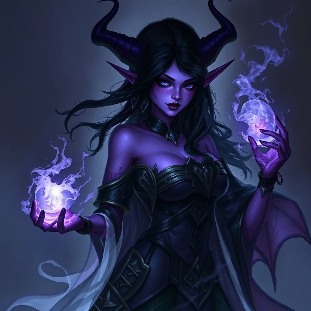drow elf woman, sorceress, enchantress, dark hair, purple skin, digital art, dark fantasy