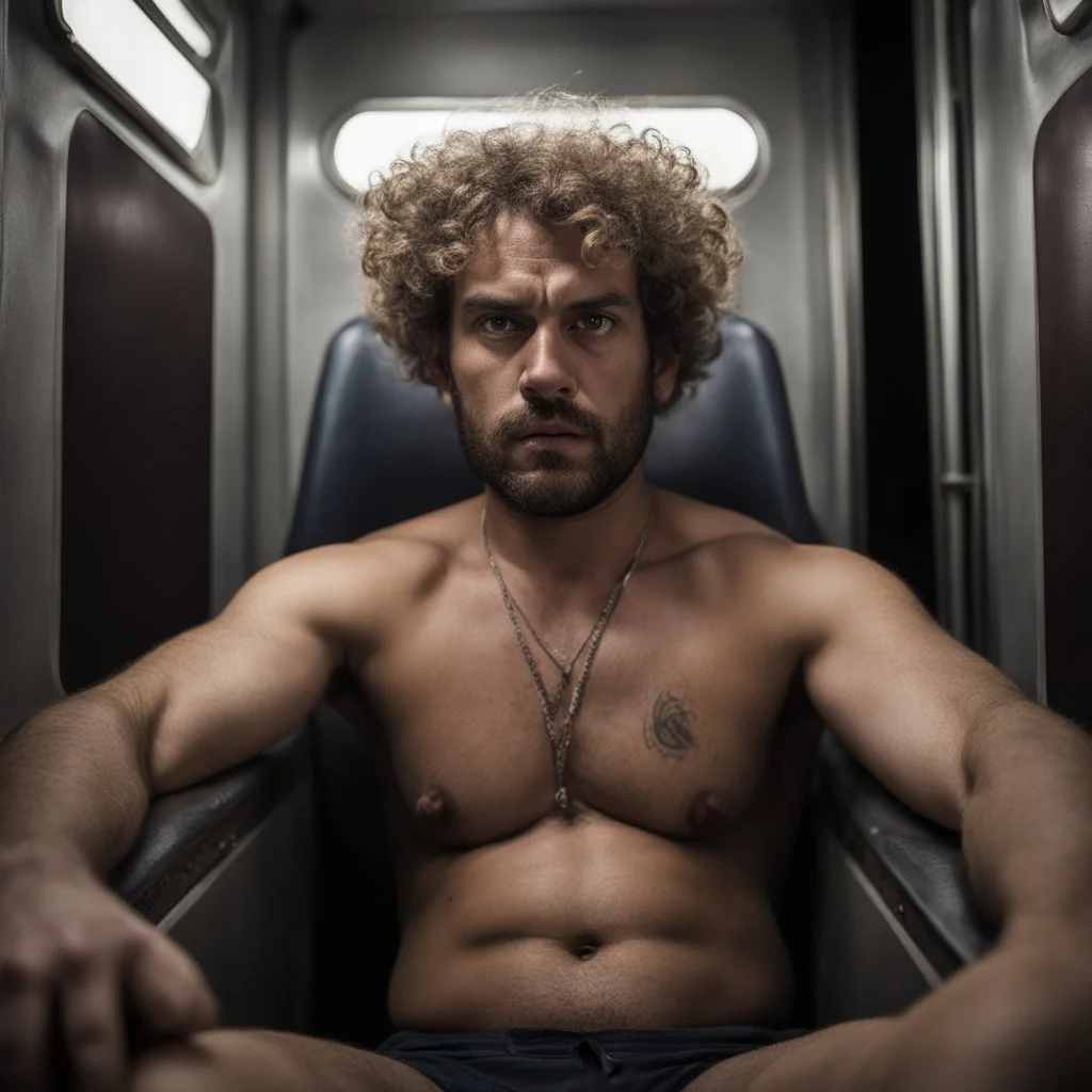 full figure shot photography of a ugly massive beefy sicilian farmer 36 years old man sitting in the train nighttime, relaxing, shirtless, with swimwear, manly chest, hairy allover, bulge, tattoo, broken teeth, serious, short beard, curly hairs , view from below, photorealistic, dim lights, Ground-Shot Angle