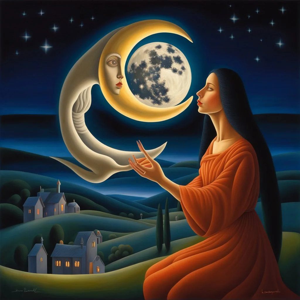 Photorealistic shot of a woman mage holding the Moon in her hand, her face illuminated by moonlight, by artist "Leonora Carrington", by artist "Tarsila do Amaral":: Cinematic lighting with shadows emphasizing the character's determination:: eye_level perspective::