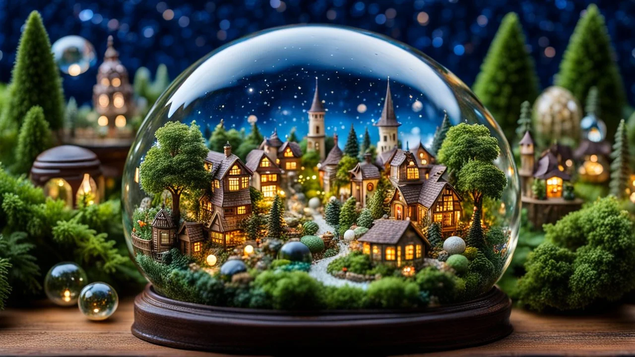 many glass ball with miniature detailed vintage small town in a glass sphere, surrounded by several other glass spheres, in each glass sphere a different city, village, or magical forest, wonderful miniature garden, tiny fantasy figures, miniature buildings in another transparent sphere, in the background the dim big cosmos with stars surrounds everything, beautifully shot, hyperrealistic, sharp focus, 64 megapixels, perfect composition, high contrast, cinematic, atmospheric, moody