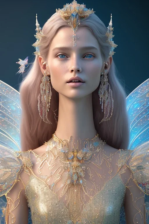 A portrait of a crystalline fairy, smile, mythical,fantasy , magnificent, majestic, highly intricate, Realistic photography, incredibly detailed, ultra high resolution, 8k, complex 3d render, cinema 4d