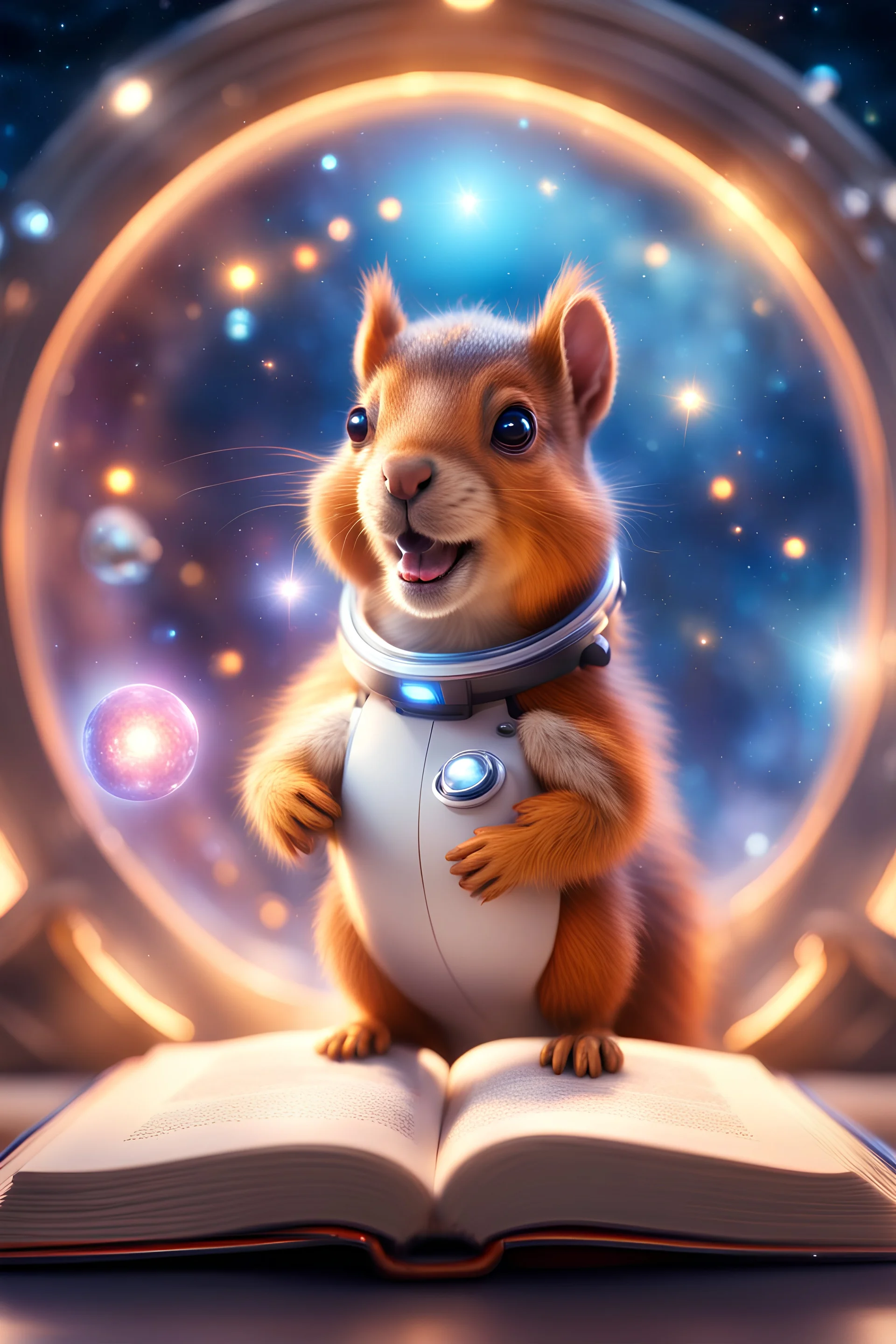 book cover illustration, portrait of ultimate transcendent happy chat squirrel dog cat space hippo horse with spotlights, in front of space portal dimensional glittering device, bokeh like f/0.8, tilt-shift lens 8k, high detail, smooth render, down-light, unreal engine, prize winning