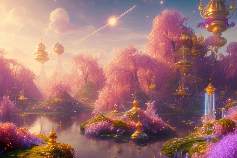 gold and light delicate violet fuchsia crystal galactique landscape, full of details, smooth, bright sunshine，soft light atmosphere, light effect，vaporwave colorful, concept art, smooth, extremely sharp detail, finely tuned detail, ultra high definition, 8 k, unreal engine 5, ultra sharp focus