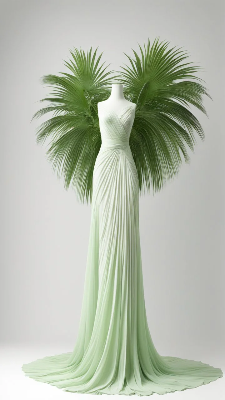 1mannequin, pageant dress, dress inspired by fan palm, pan palm, beautiful, flowing, green, elegant, full body frame, full body, hd, ultra realistic, dress displayed in the mannequin, white background, aesthetic, pastel color, flowing