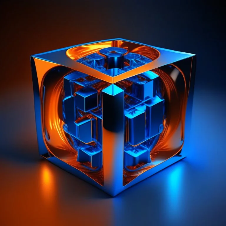 a blue metallic 4d cube inside a 4d orange rotating cube in a 4 dimension environment