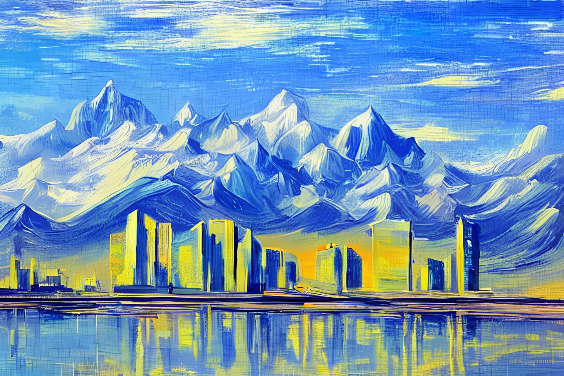 Sunny Day, futuristic buildings near the mountains, sci-fi, tendency to impressionism influence, realistic painting