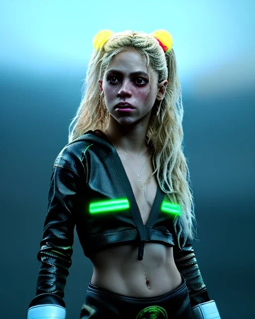 portrait, Shakira, blonde artist, angry, Realistic image, MMA robe, hoodie, mma gloves, fight pose, make-up make-up, gold line make-up, sweat, fog, goddess style, Neon colors, leds. Black background, photo studio, concept art, smooth, unreal engine 5, god lights, ray tracing, RTX, lumen lighting, ultra detail, volumetric lighting, 3d, finely drawn, high definition, 4k.