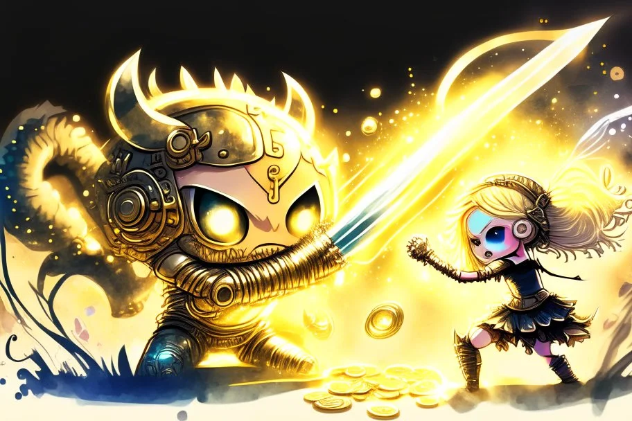 cute blonde chibi princess fighting with an ugly giant monster with a golden laser sabre, golden coin stacks, pond, in sunshine, H.R. Giger, anime, steampunk, surreal, watercolor and black in outlines, golden glitter, ethereal, cinematic postprocessing, bokeh, dof