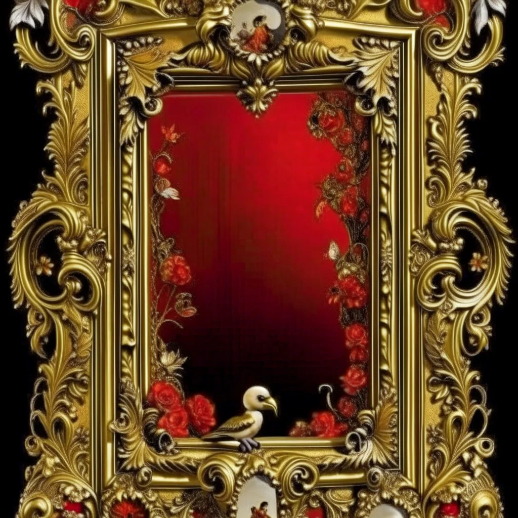 An ornate vintage picture frame crafted from antique gold with intricate baroque scrollwork and delicate filigree details. Vibrant red cardinals with black-masked faces perch gracefully along the ornamental corners and sides, while ethereal white-winged angels with flowing robes are nestled between the decorative flourishes. The frame's bottom edge features elegant cursive script in deep burgundy that reads "When Cardinals appear, Angels are near" flowing seamlessly along the golden molding. Sof